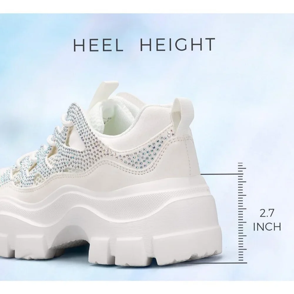 Women White Rhinestone Platform Fuchsia Hologram Casual Lace-Up Sneakers